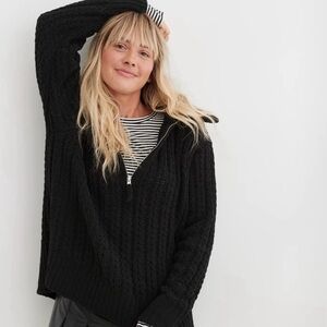 aerie Black Cable-Knit Half-Zip Turtleneck Sweater